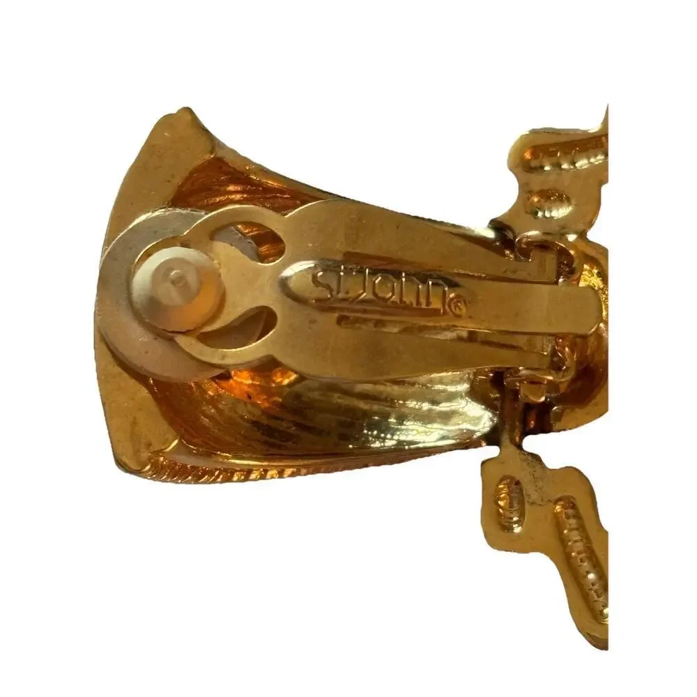 ST John Gold Tone/Cream Enamel Door Knocker Clip On Earrings 3” XL Vintage 80s